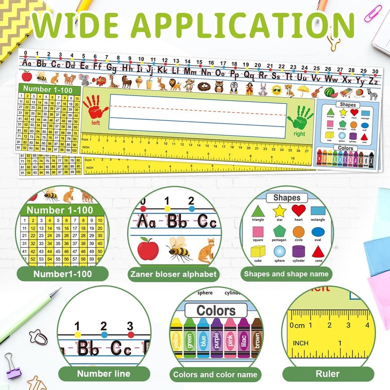 Hedeey 36 Pack Self Adhesive Name Tags for Classroom Student Desks,Multipurpose Manuscript Students Name Plates for desks Classroom with Alphabet Letters,Number Chart,Ruler(14.2 x 4 Inch,Yellow) - Image 4
